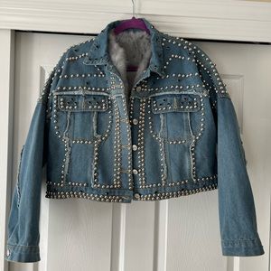 Studded Jean Jacket with Removable Fur